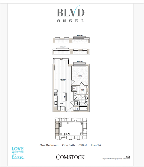 Floor plan for 1 bed, 1 bath, 675 sqft